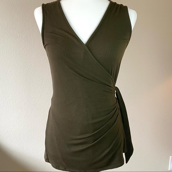 Olive Green V-Neck Rib Wrap Tank Top, Bobeau - Picture 2 of 6